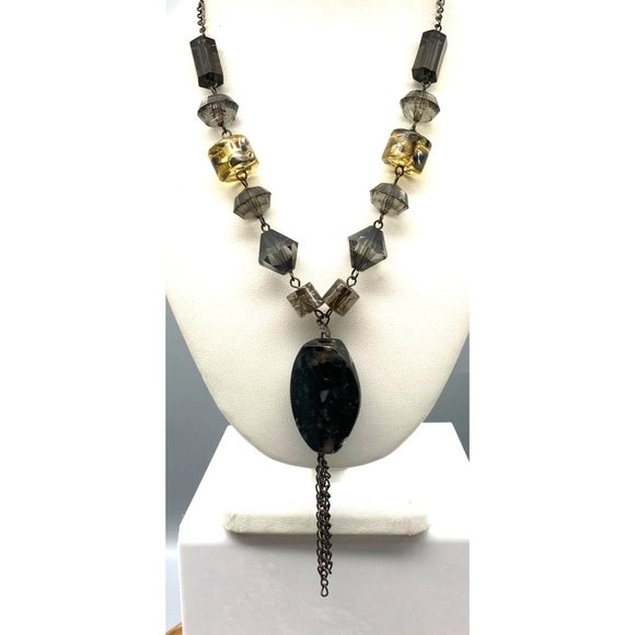Vintage Confetti Lucite Pendant Necklace on Silver Tone Chain with Chunky Tassel - Picture 1 of 5